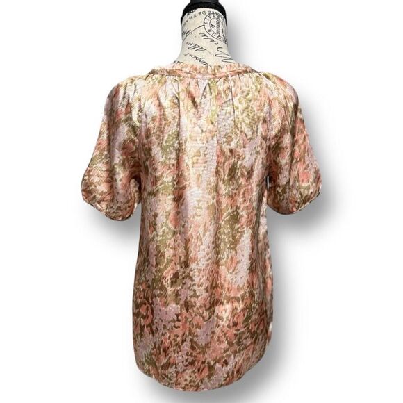 Talbots Petite PS Pink Satin Top NWT Abstract Ruffle Neck Short Sleeve Blouse - Picture 2 of 7